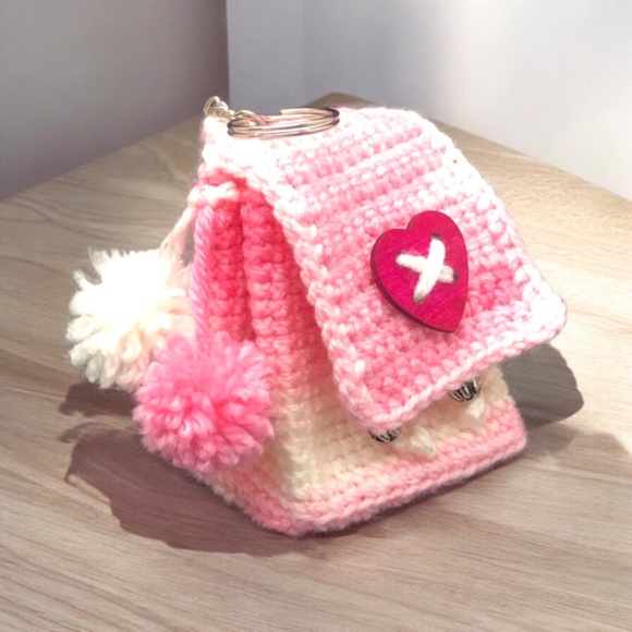 Bubblegum Pink & White Crochet Mini Backpack Keychain w/ Pom Poms, Heart Button - Picture 1 of 14
